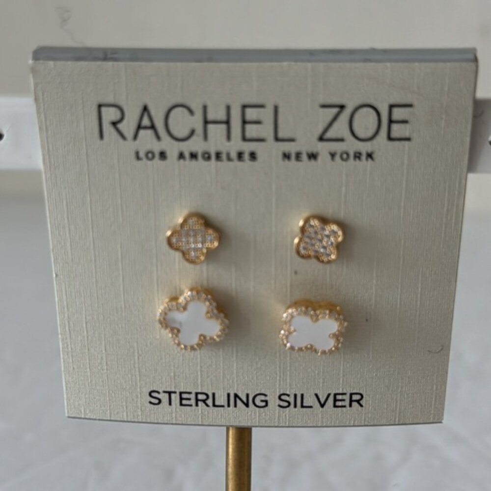 Rachel Zoe Set of 2 Mini earrings Clover Sterling silver 925 Gold Plated - Picture 4 of 13